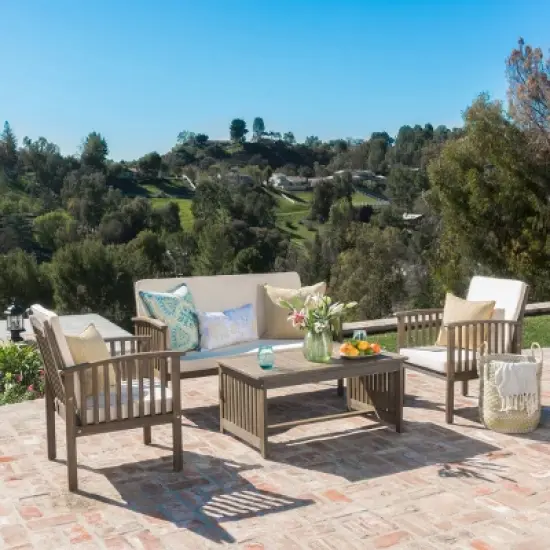 4 Pieces Acacia Wood Outdoor Patio Conversation Sets,Garden Backyard Furniture Sofa Set,Outdoor Table and Chair Set with Cushions-Coolbibila image {8}