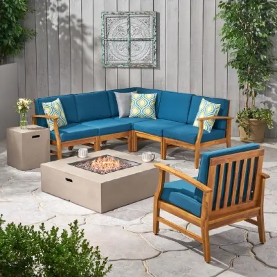 Christopher Knight Home Illona Outdoor Acacia Wood 6 Seater Sectional Sofa and Club Chair Set with Fire Pit image {11}