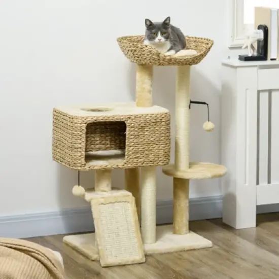 FURNIinspire Cat Tree for Indoor Cats, Cat Tower with Scratching Posts, Ramp, Condo, Toy Balls, Platform, Bed, Ramp, Beige, 23.5"*15.75"*38.5" image {4}