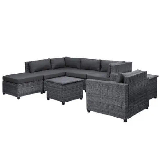 8pc Wicker Patio Conversation Set with Cushions - Gray - GODEER image {4}