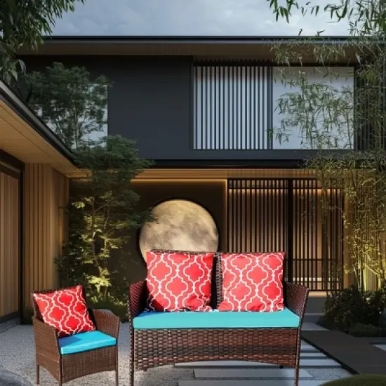 DOMETOUR Four-Piece Sofa Set Table With Sofa Chair PE Rattan Outdoor Furniture HY4-001 Box *1 With Sapphire Blue Color Cushion image {7}