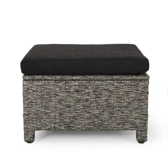 Puerta 2pk Outdoor Wicker Ottomans with Cushions - Black/Dark Gray - Christopher Knight Home image {2}