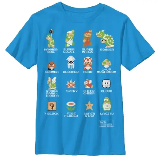 Boy's Nintendo Super Mario Bros Pixel Cast with Names T-Shirt image {2}