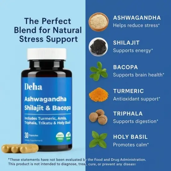 Deha Ashwagandha Shilajit Bacopa Capsules Stress, Energy & Immune Support with Turmeric, Amla & Triphala &ndash; 30 Ct Vegan, Non-GMO image {5}