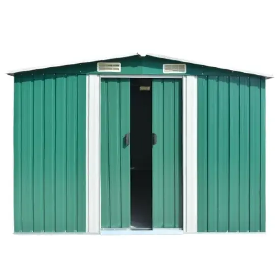 vidaXL Metal Garden Shed, Galvanized Steel Construction with Powder-Coated Finish, Outdoor Storage House, Sliding Doors, Green, 101.2"x154.3"x71.3" image {9}