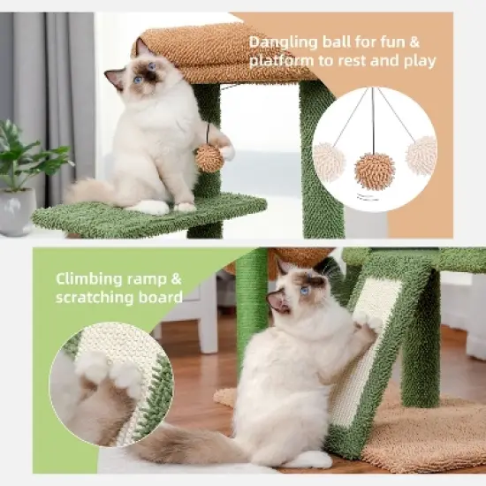 DOMETOUR 41"H Cactus Cat Tree Cat Tower, Cat Climbing Frame with Sisal Scratching Post, Cat Condo, Plush Perch, Hammock, Dangling Ball image {7}