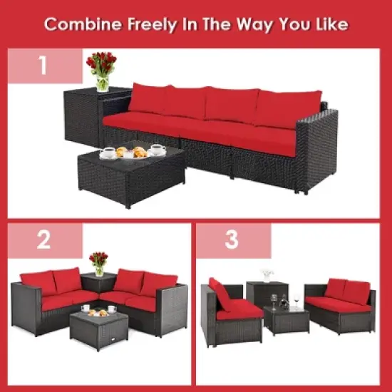 Costway 8PCS Outdoor Patio Rattan Furniture Set Cushioned Loveseat Storage Table Red\Navy image {4}