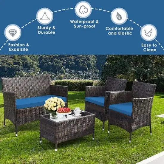 Tangkula 4PCS Patio Rattan Conversation Furniture Set Outdoor w/ Peacock Blue Cushion image {9}