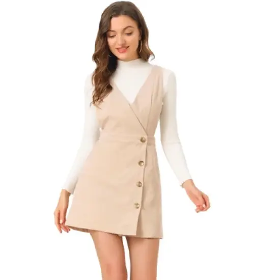 Allegra K Women's Corduroy Mini V Neck Vintage A-Line Bib Overall Pinafore Skirts image {6}