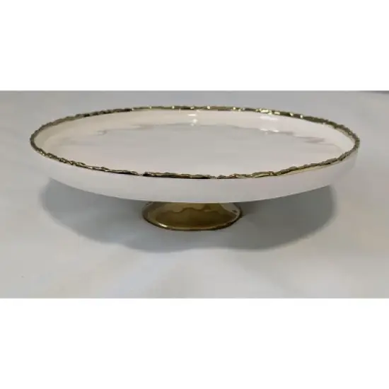 Jiallo Simplicity Collection White Porcelain Gold Trim Round Cake Plate with Stand image {1}