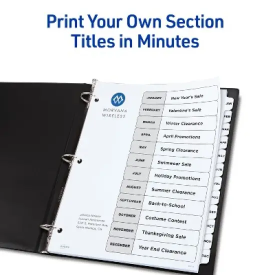 Avery Jan-Dec Dividers for 3 Ring Binders, 12 Tabs per Set, Customizable Table of Contents, Classic White Tabs (6 Sets of 11826) image {1}