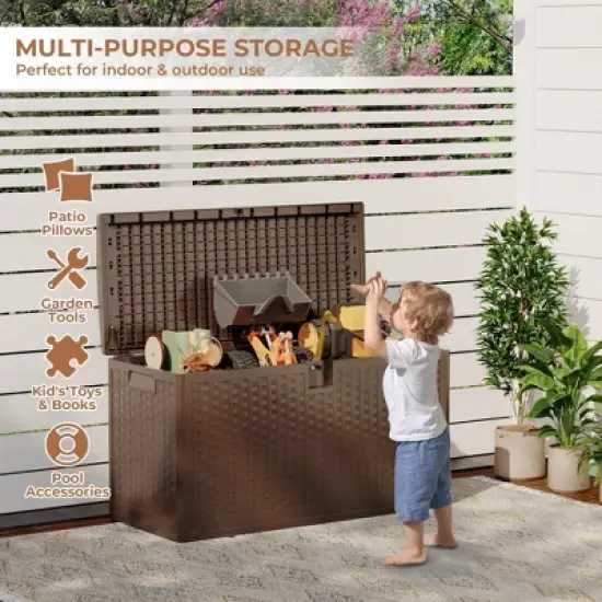 73 Gallon Outdoor Resin Deck Box, Waterproof Lockable Patio Storage Container, Brown Rattan-Style Deck Box image {3}