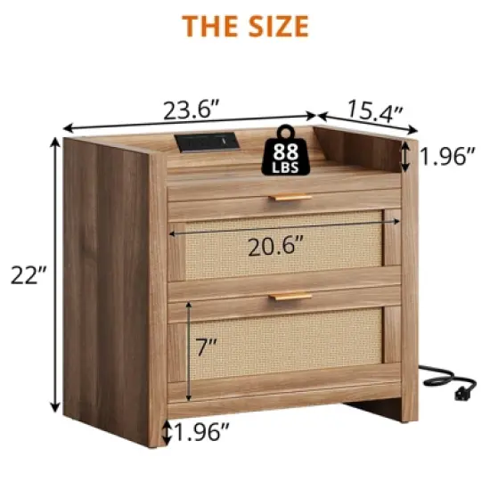 Night Stand Set of 2, Bedside Tables with Charging Station, Rattan End Tables, Boho Bed Side Tables, Wood Nightstands Set of 2 with Drawer image {2}
