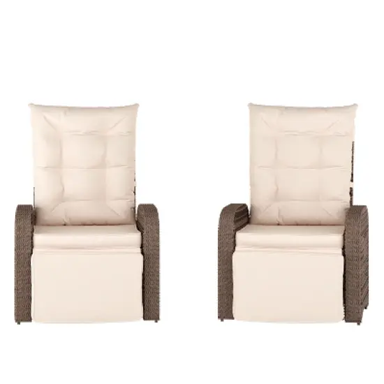 Flash Furniture Nemo Set of 2 Indoor/Outdoor Patio Wicker Rattan Recliner Lounge Chairs with Flip up Side Tables image {14}