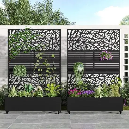 SpassWay 72"H Two-tone Patio Planter Box with Trellis Metal Raised Garden Bed Black Decorative Privacy Screen with Wheels image {10}