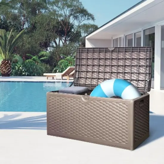 80 gallon professional lockable resin deck box, waterproof outdoor storage box for terrace furniture and garden tools, Brown, Blow molded image {1}