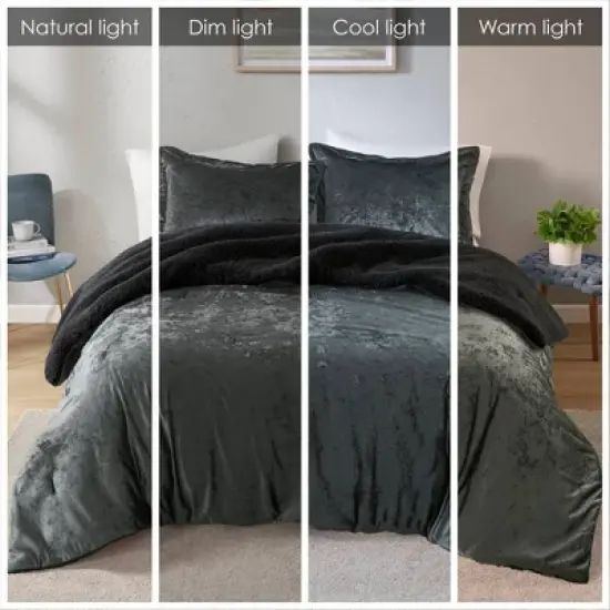 Intelligent Design King/California King Arabella Crushed Velvet Faux Shearling Reversible Comforter Set Black: 3 Piece Bedding Set, Hypoallergenic image {7}