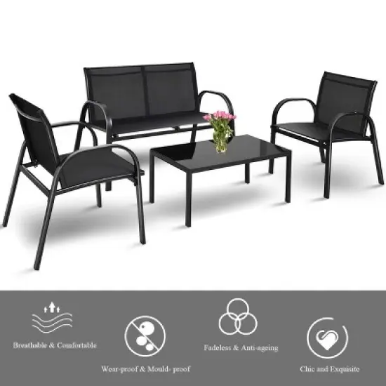 Costway 4 PCS Patio Furniture Set Sofa Coffee Table Steel Frame Garden Deck Black image {6}