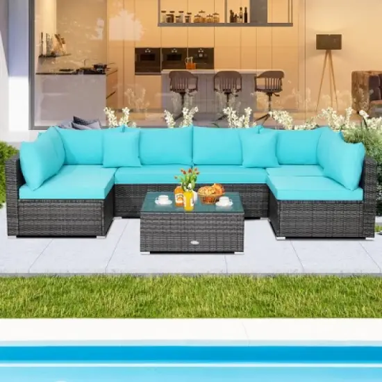 Costway 7PCS Patio Rattan Furniture Set Sectional Sofa Cushioned Garden image {13}