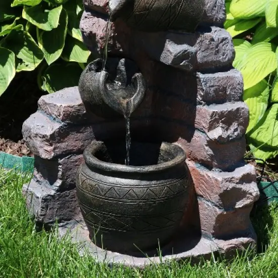 Sunnydaze Outdoor Polyresin Crumbling Bricks and Pots Solar Cascading Water Fountain with LED Lights and Battery Backup - 27" image {6}
