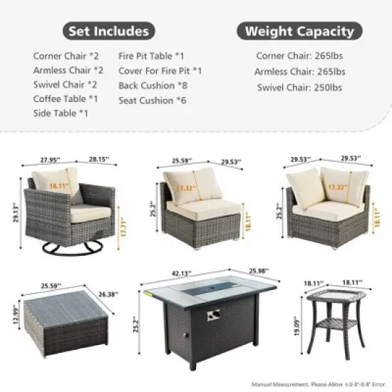 Ovios Venice 9pc Wicker Outdoor Patio Furniture Set Conversation Sofa with a Metal Fire Pit, Swivel Chairs and Cushions image {12}