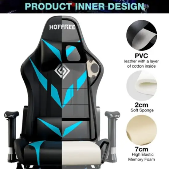 Hoffree Massage Reclining Gaming Chair Ergonomic Office PC Chair with Bluetooth Speaker & RGB Light image {7}