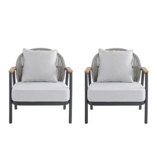 Set of 2 Outdoor Rope Lounge Chairs,Cushioned Patio Club Chairs with Gray Frame and Plastic Wood Armrests-Maison Boucle image {3}