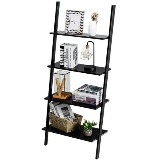 Costway Industrial Ladder Shelf 4-Tier Leaning Wall Bookcase Plant Stand Rustic Black/Brown image {10}