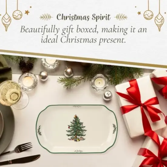 Spode Christmas Tree 11-Inch Rectangular Scalloped Tray, Stoneware Holiday Serving Platter - Festive Tableware - Dishwasher, Microwave, Freezer Safe image {3}