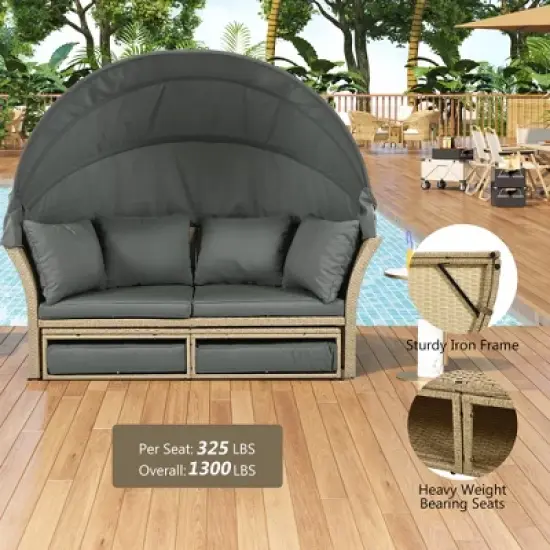 Maliang Outdoor Patio Daybed, Wicker Rattan Round Sofa Furniture Set with Retractable Canopy, 4 Pillows for Lawn Garden Backyard Pool image {8}