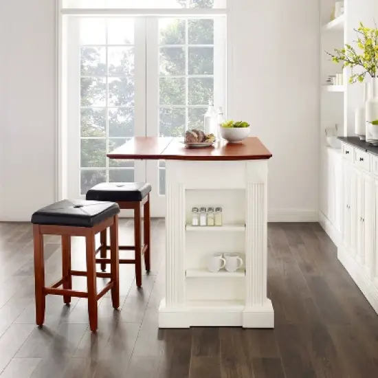 Coventry Drop Leaf Top Kitchen Island with Upholstered Square Stools White - Crosley image {4}