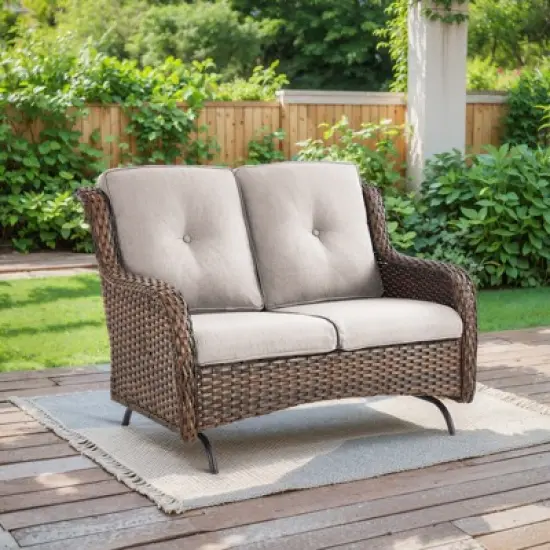 Buenhomino Patio Loveseat Rattan Glider Sofa with Curved Armrest Thicking Back & Seat Cushions for Garden Balcony Backyard image {1}