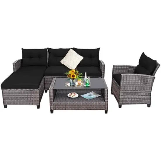 Tangkula Set of 4 Rattan Furniture Set Sofa Ottoman Cushion Garden Deck Patio Black image {6}