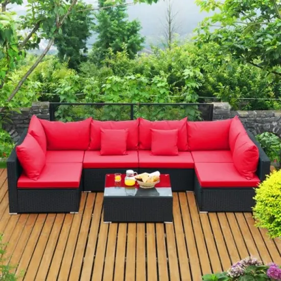 Costway 7PCS Patio Rattan Sofa Set Sectional Conversation Furniture Set Garden image {13}