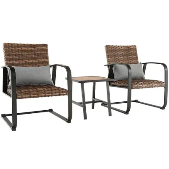 Costway 3 PCS Patio Rattan Furniture Bistro Set C-Spring Chair Padded Seat & Back Pillow image {9}