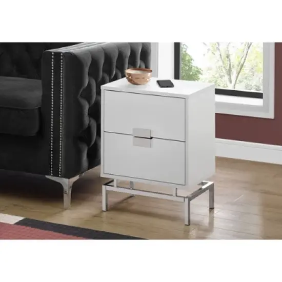 Monarch Specialties 24 Inch Modern Rectangular Accent Side Table with 2 Pull Out Drawers for Bedrooms and Living Rooms, Glossy White and Chrome image {1}