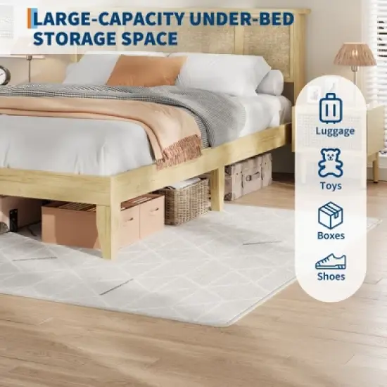Garvee Bed Frame with Natural Rattan Headboard, Wood Slat Support, Metal Base image {6}