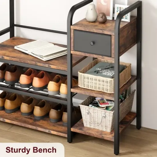 Hall Tree Storage Bench for Entryway, Coat Rack Cloth and Shoe Bench with Drawer for Small Spaces, Bedroom 5-in-1 8 Hooks Coat Rack Storage Shelf image {4}