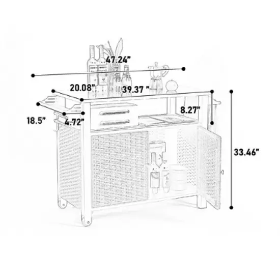 Outdoor Wicker Bar Cart, Kitchen Island Grill Table with Wheel,Rolling Buffet Serving Cart with Stainless Steel Top for Porch Garden Poolside image {2}