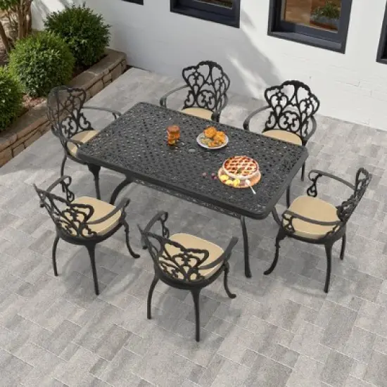 7-Piece Cast Aluminum Outdoor Dining Set with Beige Cushions, Rectangle Table & Ergonomic Chairs - for Patio, Backyard image {9}