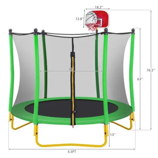 5.5FT Trampoline for Kids - 65" Outdoor & Indoor Mini Toddler Trampoline with Enclosure, Basketball Hoop and Ball Included-ModernLuxe image {2}