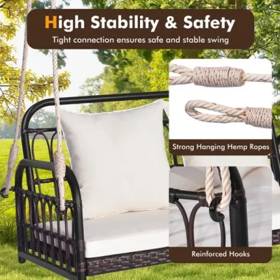 Tangkula Wicker Porch Swing 2-Person Outdoor Patio Hanging Chair w/ Cushions Mix Brown image {6}