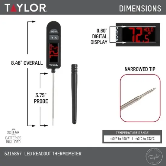 Taylor Digital LED Kitchen Meat Cooking Thermometer Black: Instant Read, Oversized Display, -40 to 450&deg;F, Battery Included image {1}
