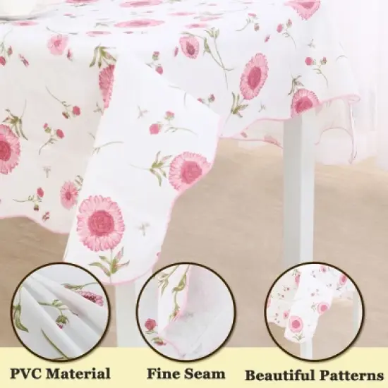 PiccoCasa Rectangle Vinyl Water Oil Resistant Printed Lightweight Tablecloths Pink Flower 54"x71" image {3}