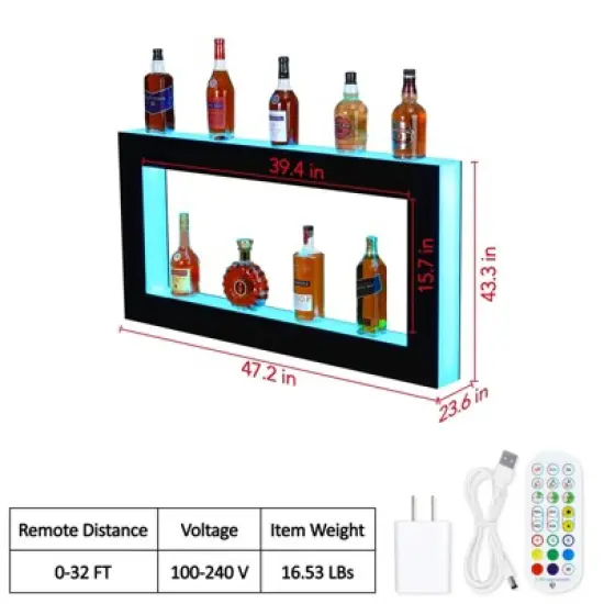 LED Lighted Liquor Bottle Display, Square 3-Step 48-Inch Wall Mounted Acrylic Liquor Shelf with Remote & App Control image {5}