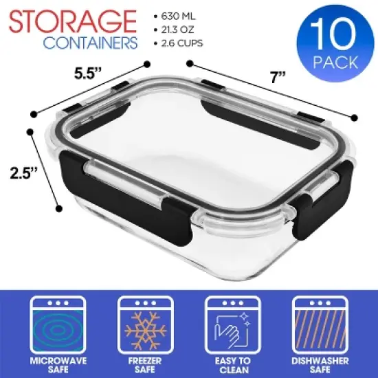 Sorbus 20 Piece Rectangular (630ml/ 21.3oz/ 2.6cups) Glass Meal Prep Containers with Airtight Lids - Preserves Freshness, Oven Safe, durable, BPA-free image {2}