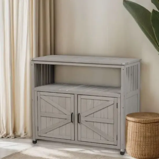 PAGED Outdoor Potting Bench with Storage Cabinet & Metal Table Top, Hemlock Wood Outdoor Storage Cabinet with Screen Door, Garden Potting Table image {4}