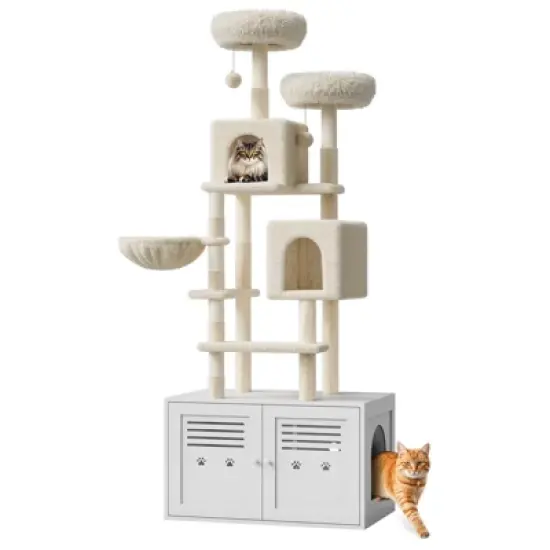 75.6-Inch Tall 2-in-1 Modern Cat Tree with Hidden Litter Box Enclosure &uml;C Large Indoor Cat Tower with Double Condos, Scratching Posts, White image {7}