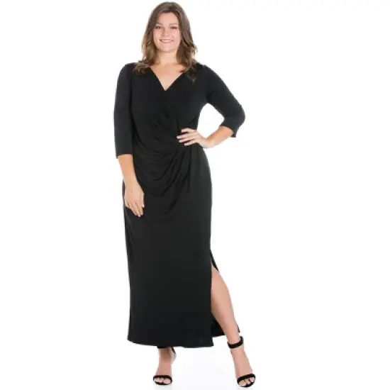 24seven Comfort Appare Fitted V-Neck Side Slit Maxi Plus Size Dress image {4}