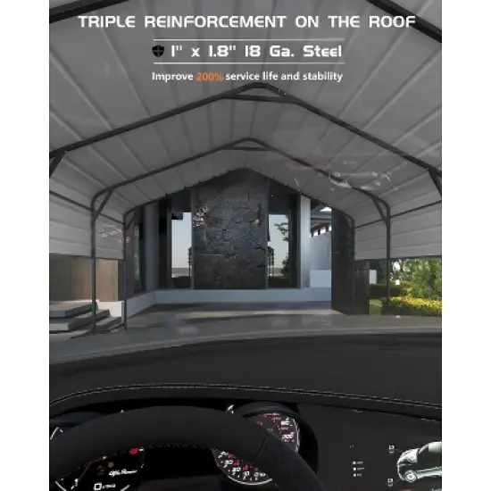 13'x21' heavy-duty metal carport with 10 ft height and 16-gauge poles; perfect permanent shelter for full-sized pickup trucks, boats, and tractors. image {3}